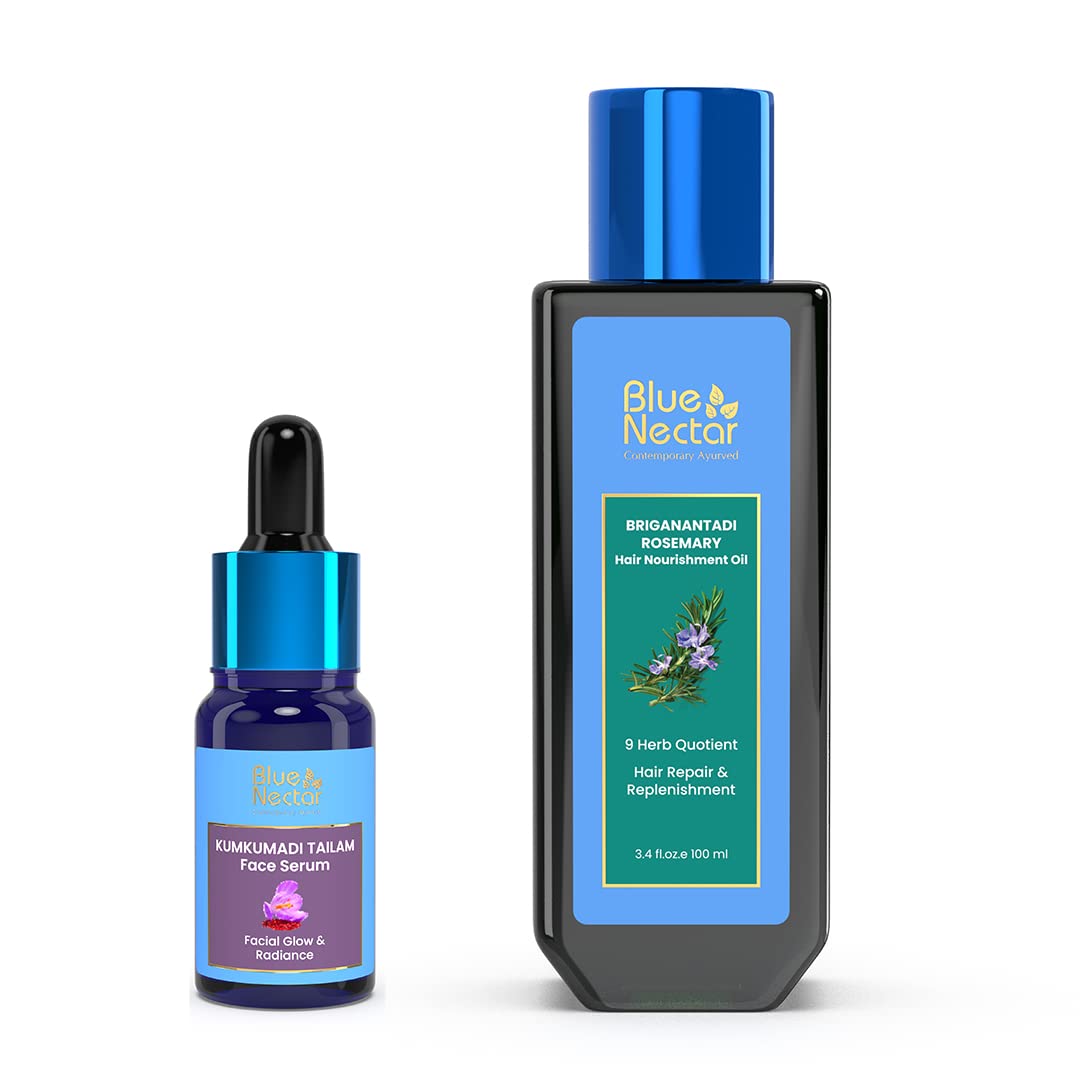 Blue Nectar's Kumkumadi Face Oil, crafted with natural herbs for radiant skin (0.3 Fl Oz), paired with Ayurveda Rosemary Oil for Hair Growth with Bhringraj & Amla (3.38 Fl Oz).