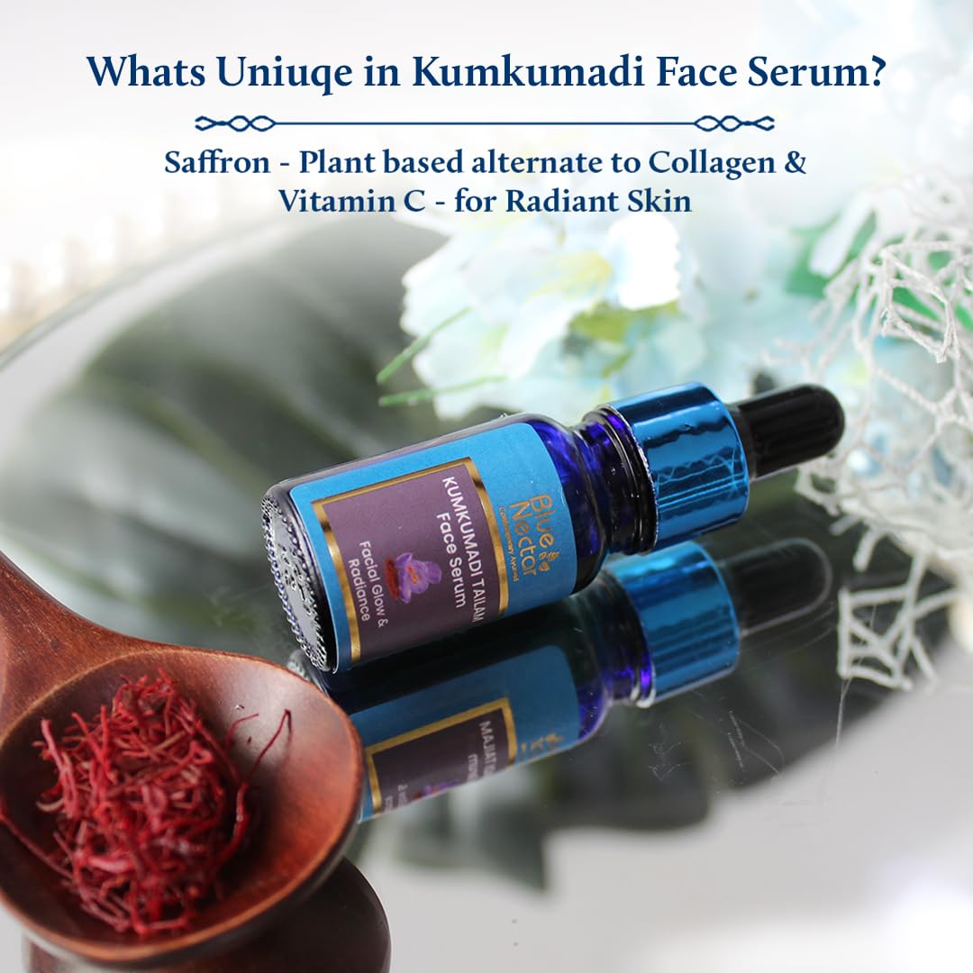 Blue Nectar's Kumkumadi Face Oil, crafted with natural herbs for radiant skin (0.3 Fl Oz), paired with Ayurveda Rosemary Oil for Hair Growth with Bhringraj & Amla (3.38 Fl Oz).